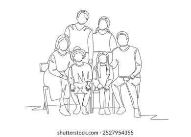 Família posando para fotos. Desenho de uma linha do conceito de retrato de família