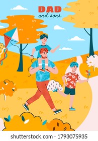 Family poster of father and sons playing in autumn park - man and two little boys flying a kite in nature. Vector illustration of happy parent and children.