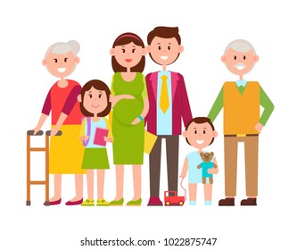 Family poster of happy members, pregnant mother, smiling father, kids and grandparents, toys and school supplies of girl, isolated on vector illustration