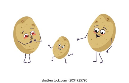 Family of potato characters with joyful emotions, smile face, happy eyes, arms and legs. Mom is happy, dad is wearing a hat and the child is dancing. A funny mischievous vegetable hero