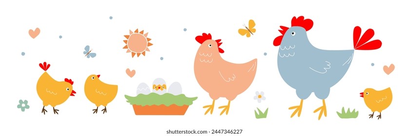 Family poultry. Set of hen, rooster, chicks, nest with eggs in summer. Vector graphics.