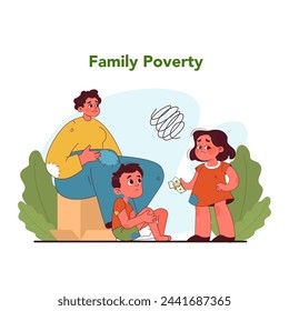 Family poverty and child labor. Family poverty role in child labor, depicting children financial responsibilities and worries. Fight for kids rights and freedom. Flat vector illustration