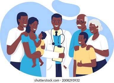 Family practice 2D vector isolated illustration. Caring about elderly people, adolescents, adults flat characters on cartoon background. Treating common medical conditions colourful scene