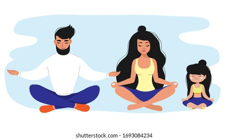 The family practices yoga. Lotus position Quarantine concept. Stay at home. Vector illustration