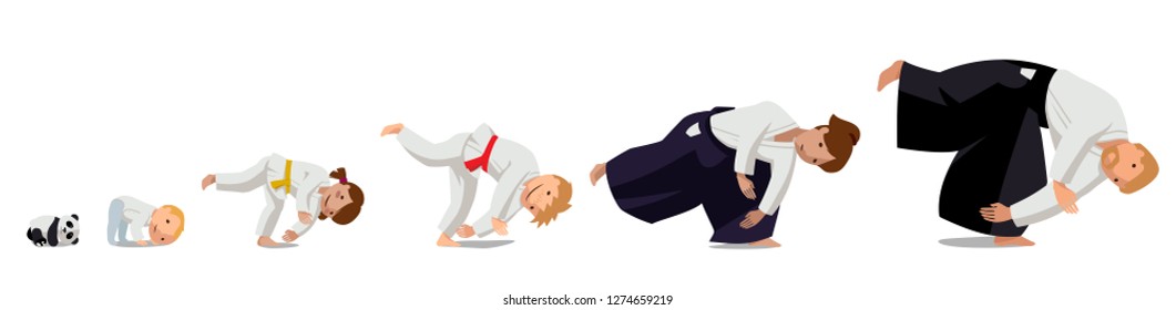 Family practicing Aikido. Colorful vector flat illustration. Suitable for oriental martial arts such as aikido, judo, karate, jiu-jitsu, budo