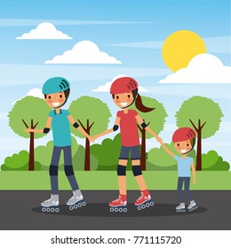 family practicing roller skate in the park landscape background