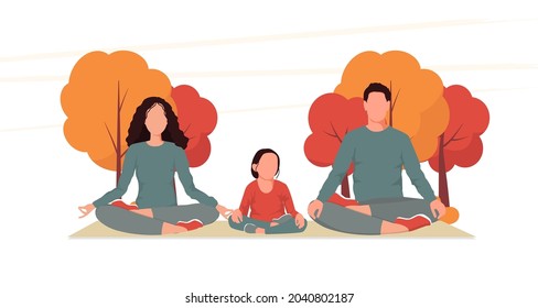 Family practicing yoga in the autumn park. People sitting in lotus pose on the bench isolated on the white background