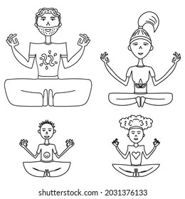 Family practicing yoga, parents and children in lotus position, set outline vector illustration of people doing meditation 