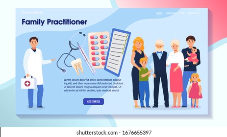 Family practitioner, characters doctor, male, female, kid, old people, flat vector illustration. Web banner, button Get Started. Design for website, landing. Medical staff stethoscope drug