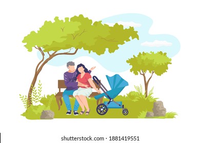 Family With Pram Sitting At Bench, Cartoon Man Woman Parent In Park Vector Illustration. Mother Father Charcater Look At Child In Carriage. Happy Young Mom Person Care Child In Stoller.