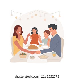 Family prayer isolated cartoon vector illustration. Family dinner, parents and children sit at table, festive tradition, holding hands in prayer, thanksgiving meal, lifestyle vector cartoon.