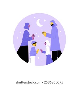 Family Praying Under Crescent Moon In Flat Vector Illustration Symbolizing Ramadan, Faith, And Togetherness, Isolated On White Background