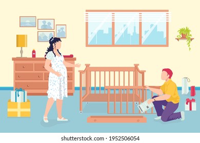 Family with pregnant mother, father in happy family, vector illustration. Man woman people character prepare room for newborn baby.