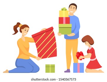 Family preparation for Christmas holiday together. Mother sitting with daughter and making colorful gift, man standing with present. People wrapping box with ribbon and bow, Xmas celebration vector