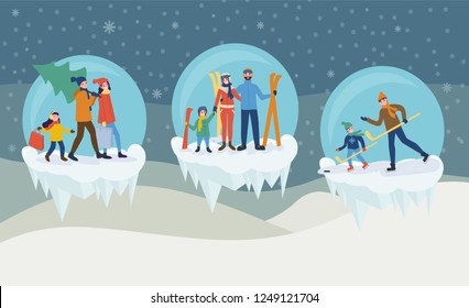 Family preparation for holidays, parents with child standing with skiing, father and son training hockey. Set of winter activity in ice balls vector