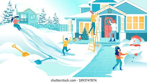 Family Preparation to Merry Christmas and Happy New Year Celebration. Father and Mother Decorate House Facade with Glowing Garlands and Door with Wreath. Children Play in Yard. Vector Illustration