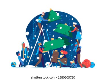Family prepare to celebrate Christmas / New Year's Eve, make Christmas tree together - Vector illustration 