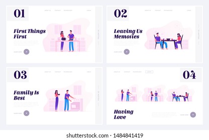 Family Prepare Food Website Landing Page Set. Young Loving Couple Cooking Together on Kitchen, Having Meal and Washing Dishes. Every Day Routine, Love Web Page Banner. Cartoon Flat Vector Illustration