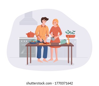 Family prepares dinner together at the kitchen table. Parents smiling while cooking in kitchen at home. Man and woman cartoon character making lunch. Vector flat colorful smiling people illustration