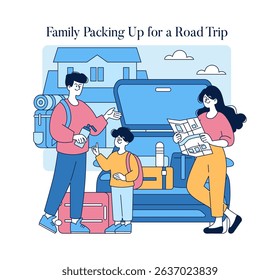 Family prepares for a journey, packing luggage into car while reviewing maps, illustrating a joyful road trip planning scene.