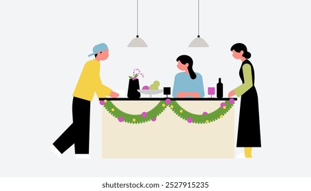 Family preparing for Christmas dinner together, Cooking Christmas food flat vector illustration.