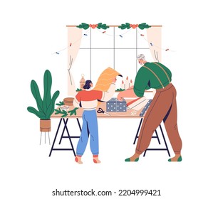 Family preparing Christmas gifts, wrapping present boxes in festive paper with bow and ribbon decoration. Grandad, girl at home on winter holiday. Flat vector illustration isolated on white background