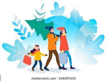 Family preparing for christmas and new year celebration vector. Father carrying bought pine tree, woman with bags and daughter with package. Shopping for winter holidays. Flat style characters