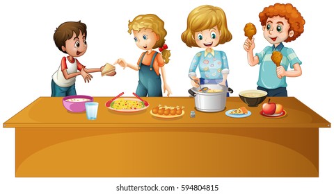 Family preparing and cooking food together