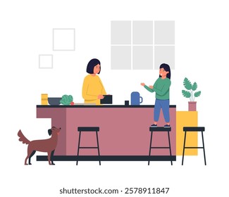 Family preparing dinner in a modern kitchen, with mother cooking while daughter helps from a stool, and their dog watching curiously, creating a warm atmosphere of togetherness