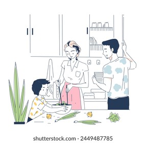 Family preparing food together in a kitchen, simple line drawing with blue tones, domestic life. Modern line art style flat cartoon vector illustration