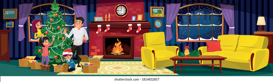 Family preparing for holiday celebration in cartoon flat style. Mother, father, son and daughter decorating Christmas tree. Holiday winter living room interior in cartoon style. Vector illustration