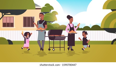 family preparing hot dogs on grill african american parents and children having fun backyard picnic barbecue party concept flat full length horizontal vector illustration