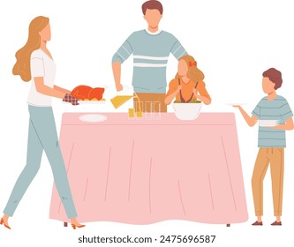 Family preparing meal together kitchen setting. Woman carrying roast turkey table, man pouring drinks, child mixing bowl. Casual clothes, home cooking, interaction, teamwork, dinner preparation