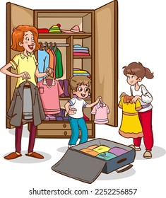 family preparing suitcases for vacation cartoon vector 