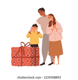 Family presenting gift. Parents giving birthday box to happy child. Mom, dad and boy kid with surprise. Mother, father and son on holiday. Flat vector illustration isolated on white background