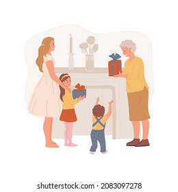 Family presents isolated cartoon vector illustration. Grandma giving sweets to a child, casual family visit, sharing small presents, spending weekend together, loving relation cartoon vector.