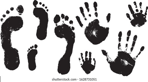 Family prints of hands and feet. Set of handprints and footprints of  woman, man, and children. Vector illustration.