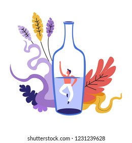 Family problem, man drowning in bottle with alcoholic drink vector. Alcoholism and conflicts on basis of drinking addiction. Male asking to help him, drunkard with leaves and foliage decoration