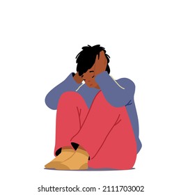 Family Problems, Abuse, Bullying Concept. Little Child Character Sitting on Floor Crying with Covered Ears. Depressed Anxious Boy Isolated on White Background. Cartoon People Vector Illustration