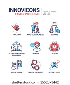 Family Problems Concept Line Design Style Icons Set. Psychological Issues Between A Couple Idea. Violation, Abuse, Quarrels, Sexual Relationship Dissonance, Criticism, Cheating, Freedom Limitations