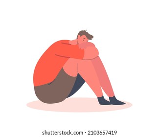 Family Problems, Domestic Abuse, Bullying Concept. Little Child Character Sitting on Floor Crying with Sad Face. Depressed Anxious Boy Isolated on White Background. Cartoon People Vector Illustration