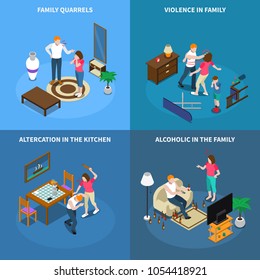 Family problems isometric design concept with conflicts, violence, quarrel in kitchen, alcoholism isolated vector illustration