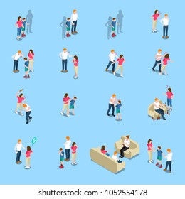 Family problems isometric icons with lack of money, quarrel and violence, alcoholism, blue background, isolated vector illustration