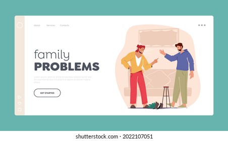 Family Problems Landing Page Template. Angry Couple Characters Quarrel, Arguing Shouting Blaming Each Other. Frustrated Husband and Annoyed Wife Quarreling. Cartoon People Vector Illustration