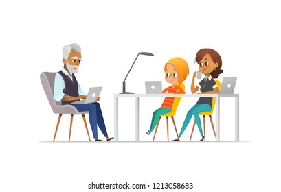 Family of programmers. Happy girl and parents coding together. Freelance family concept. Coding with kids concept. Vector illustration for website, advertisement, poster.