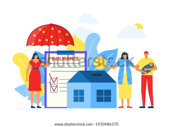 Family property house insurance, vector\
illustration. Flat business service for finance care protection,\
woman agent character save couple\
house