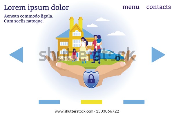 Family and Property Insurance. Insurance\
Company Website Menu. Insurance Policy. Vector Illustration.\
Reliable Protection. Menu and Contacts. Insured Property. Life and\
Property Protected.