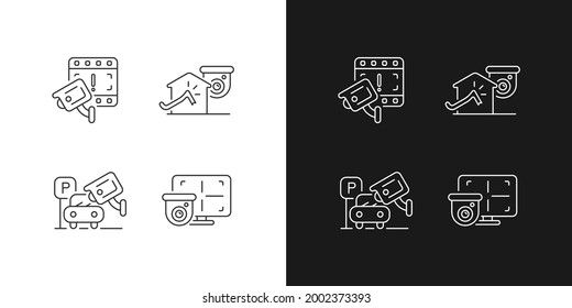 Family and property protection linear icons set for dark and light mode. Police investigation. Anti hijacking. Customizable thin line symbols. Isolated vector outline illustrations. Editable stroke