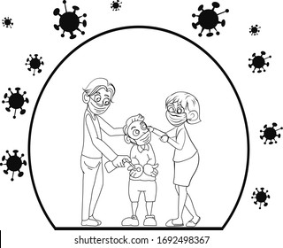 family protect covid 19.family wearing protective medical mask for prevent virus covid 19