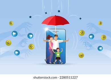 Family protect kid from cyber bullying. Kid with parent in safe zone from dislike icons and speech abuse from social media networking. 